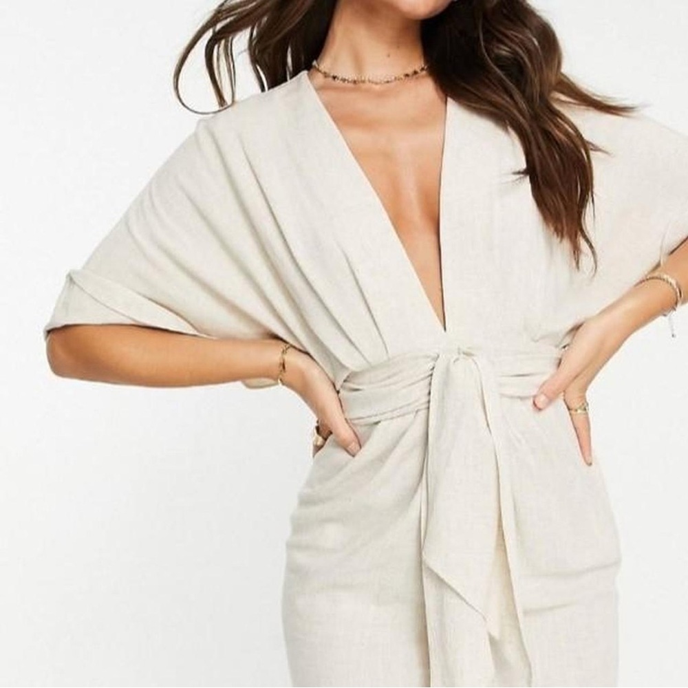 Cream ASOS design mini dress with tie front detail
